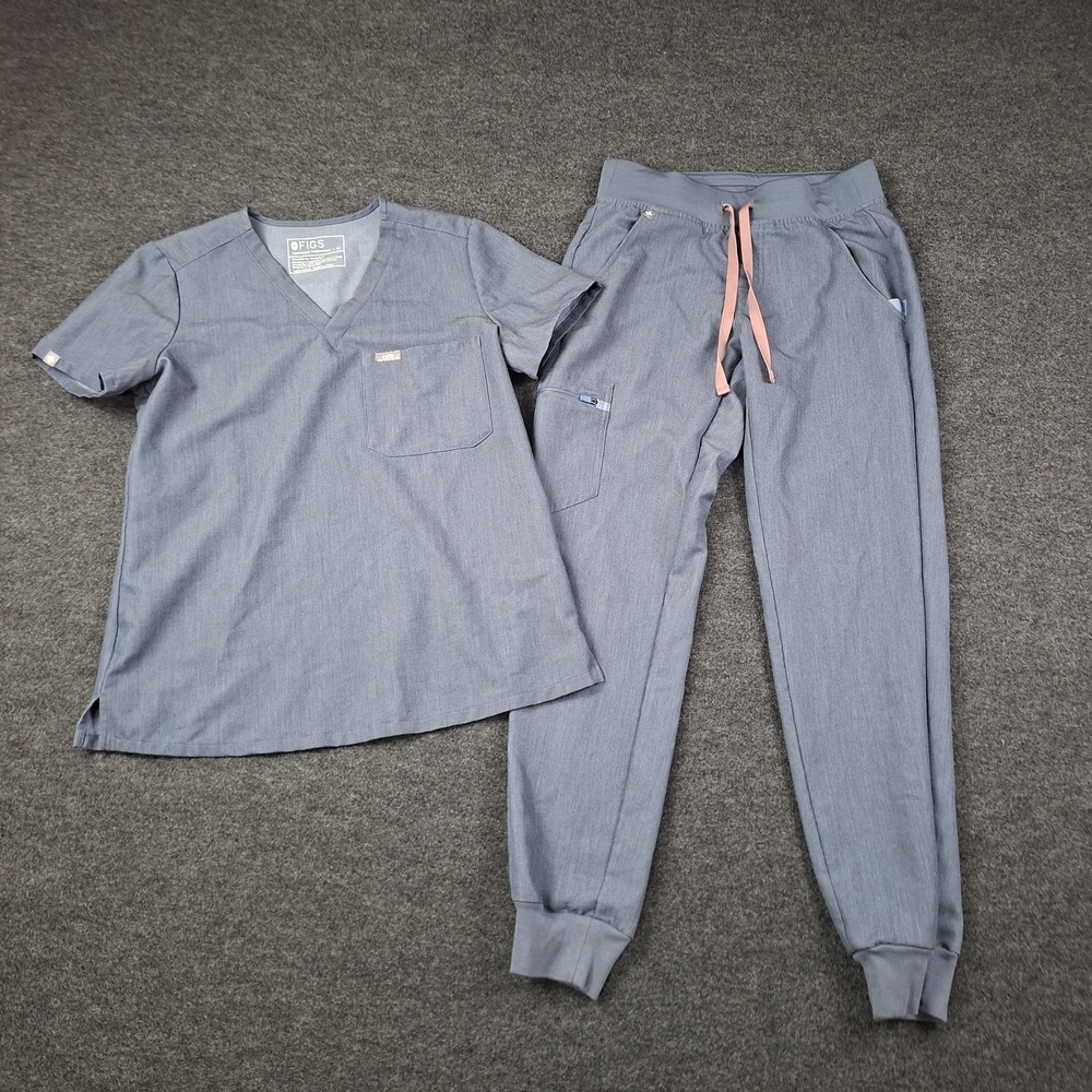 FIGS Womens Scrub Set Catarina Top Sz XS Zamora Jogger Pant XS Heather Denim
